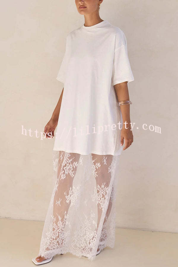 Ophelia Short Sleeve Sheer Floral Lace Hem Oversized T-shirt Maxi Dress