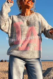 Letter Pattern Crew Neck Long Sleeve Loose Knit Sweater