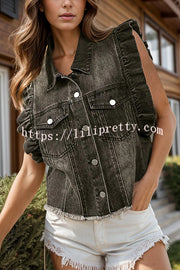 Stylish Lapel Single-breasted Ruffle Sleeve Loose Denim Jacket