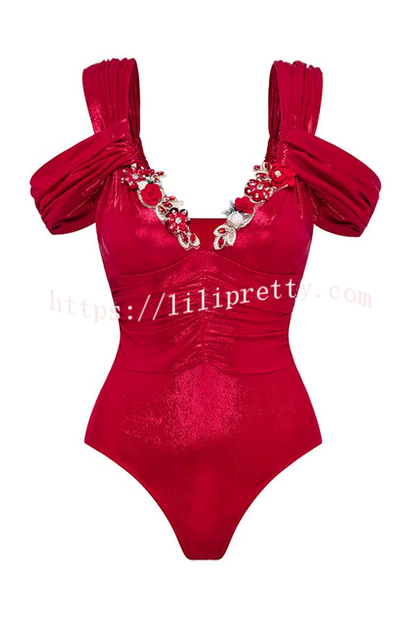 Solid Color Shiny Fabric Deep V Metal Embellished Stretch One-piece Swimsuit