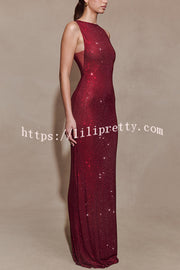 Holiday Nights Sequin Boat Neck Sleeveless Slit Maxi Dress