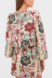 Autumn Garden Printed V-neck Long Bell Sleeve Top and Mid Rise Skirt Set