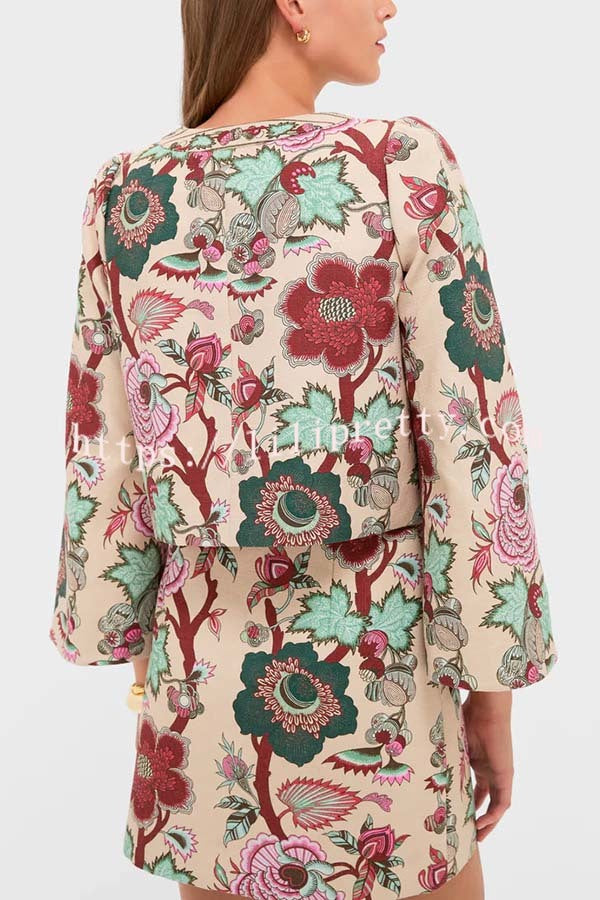 Autumn Garden Printed V-neck Long Bell Sleeve Top and Mid Rise Skirt Set