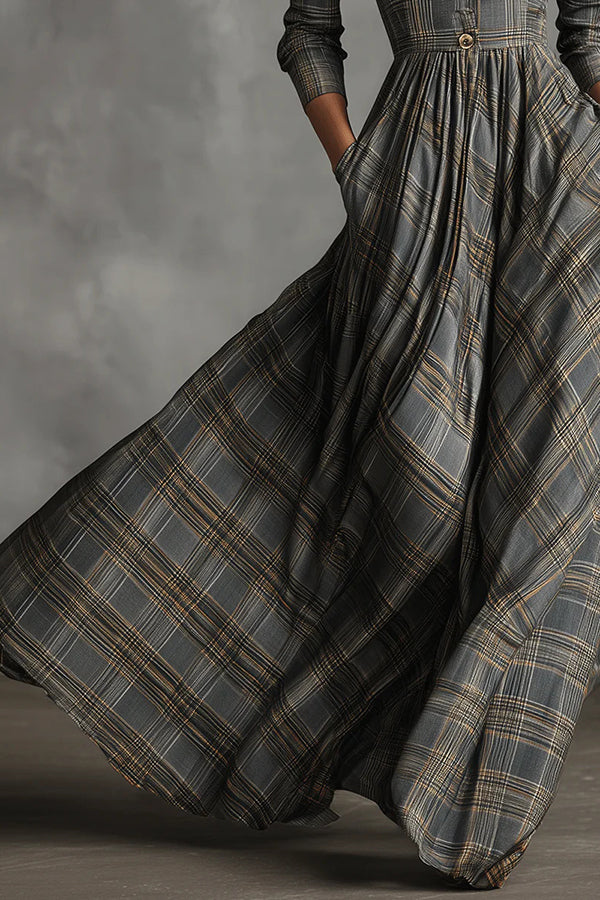 Plaid Print Long Sleeve Slim Fit Casual Pocket Maxi Dress