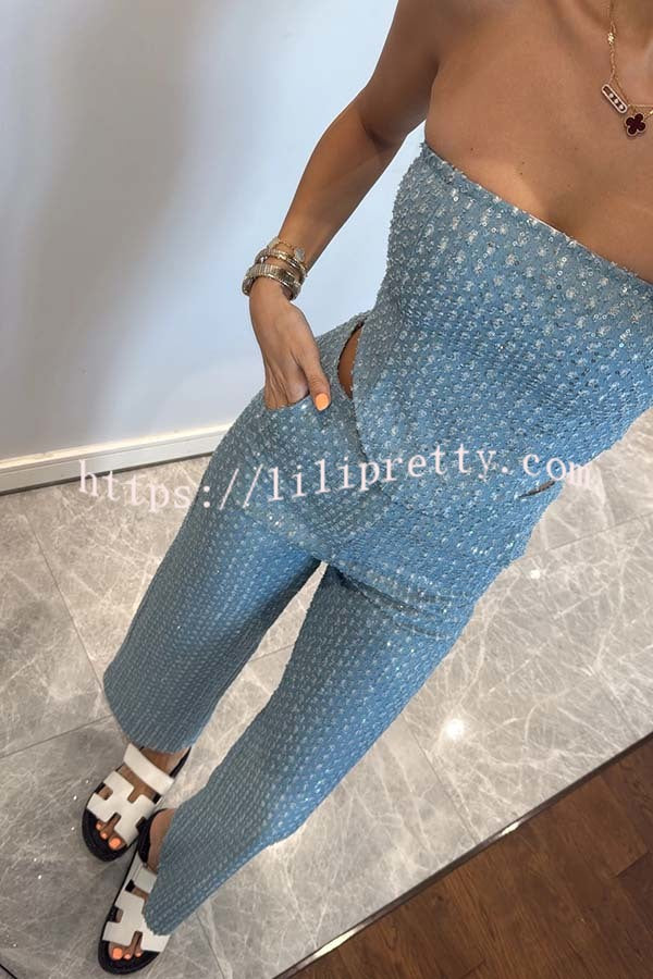 Fashionable Look Denim Sequin Textured High Rise Pocket Straight Jeans