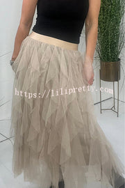 Lilipretty Lilipretty Glitz & Glammer Ruffled Tulle Stretch Waist Midi Skirt