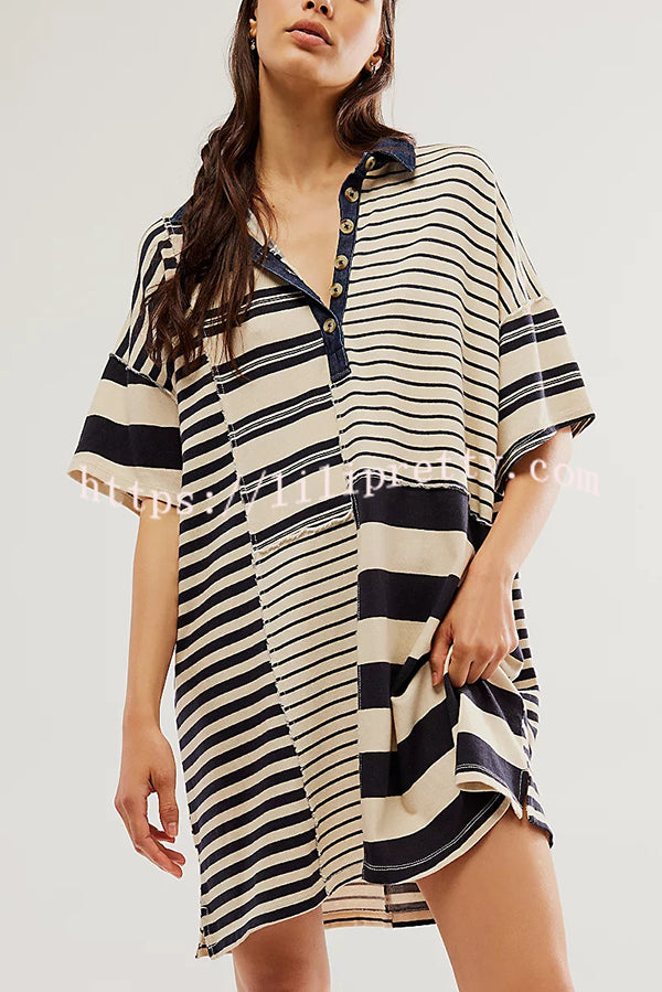 Contrast Striped Patchwork Denim Lapel Loose Casual Mini Dress