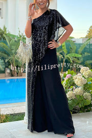 Party Favors Sequin One Shoulder Ruffle Detail Wide Leg Evening Jumpsuit