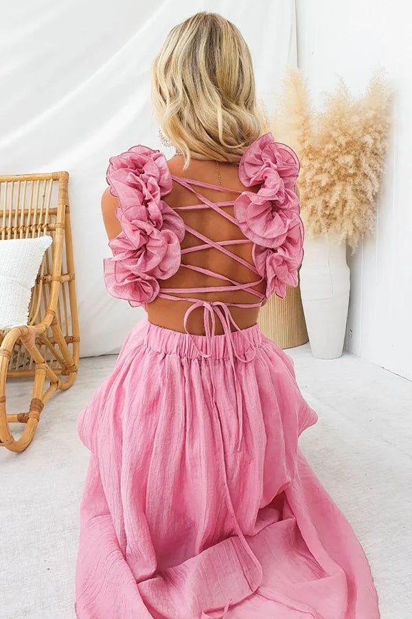Luxe Lady Floral Ruffle Detail Back Lace-up Elastic Waist Maxi Dress lilipretty Luxe Lady Floral Ruffle Detail Back Lace-up Elastic Waist Maxi Dress lilipretty