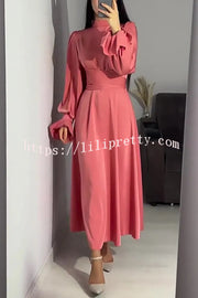 Solid Color Ruffled Sleeves Waisted Tie Slim Fit Maxi Dress