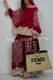Unique Print Loose Drawstring Long Sleeve Top and Elastic Waist Casual Pocket Wide Leg Pants Set