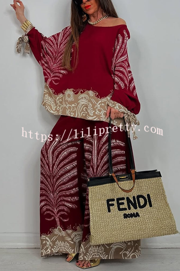 Unique Print Loose Drawstring Long Sleeve Top and Elastic Waist Casual Pocket Wide Leg Pants Set