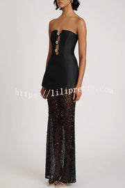 Nerissa Satin cutout metal ball Patchwork sequin hem strapless maxi dress