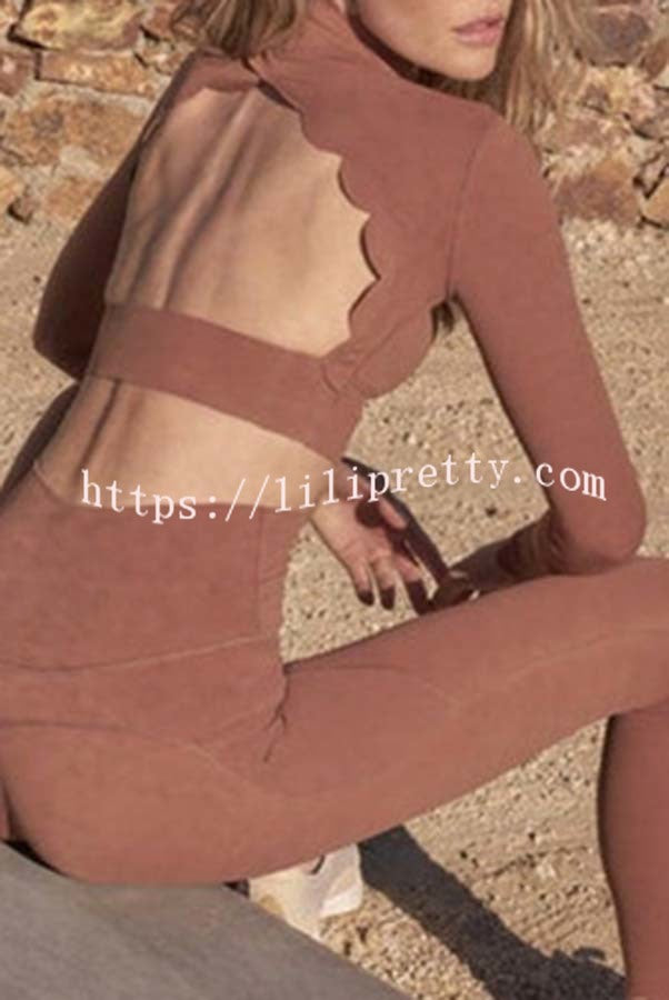 Lilipretty Open Back Petal Trim Long Sleeve Yoga Sports Crop Top