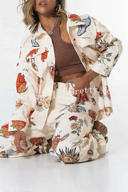 Angel Wings Denim Unique Print Button Up Long Sleeve Pocketed Relaxed Jacket