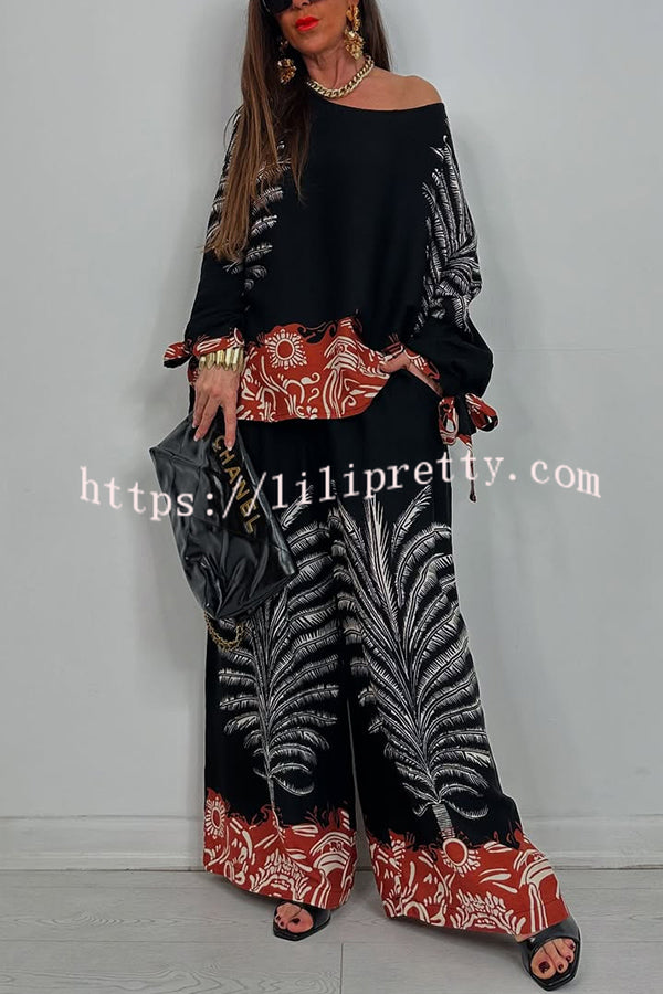 Unique Print Loose Drawstring Long Sleeve Top and Elastic Waist Casual Pocket Wide Leg Pants Set