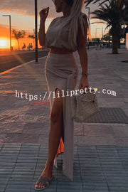Comfortable Stylish Round Neck Sleeveless Casual Top and Elastic Waist Ruched Tie Slit Midi Skirt Set
