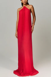 Coralie Pleated Metal Ring Halter Backless Loose Maxi Dress