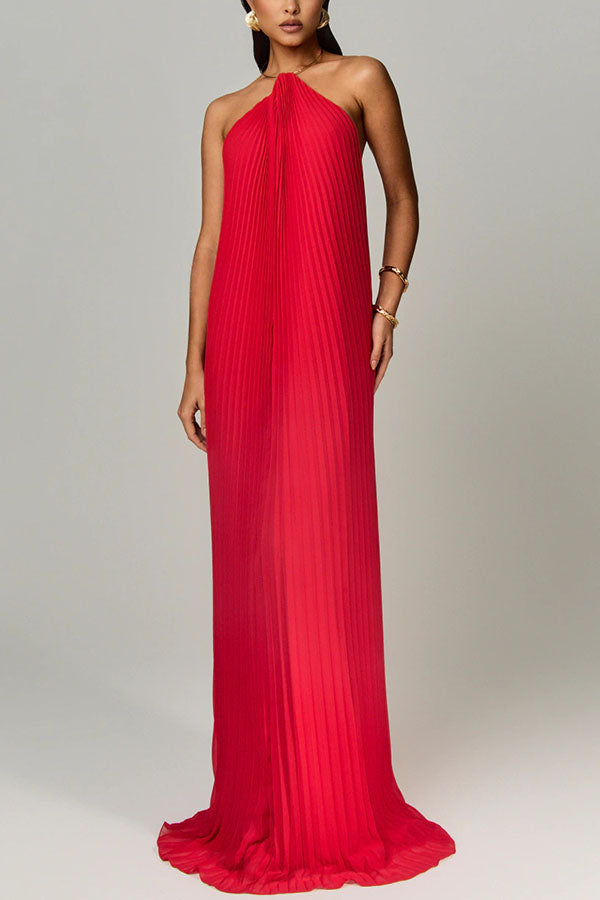 Coralie Pleated Metal Ring Halter Backless Loose Maxi Dress