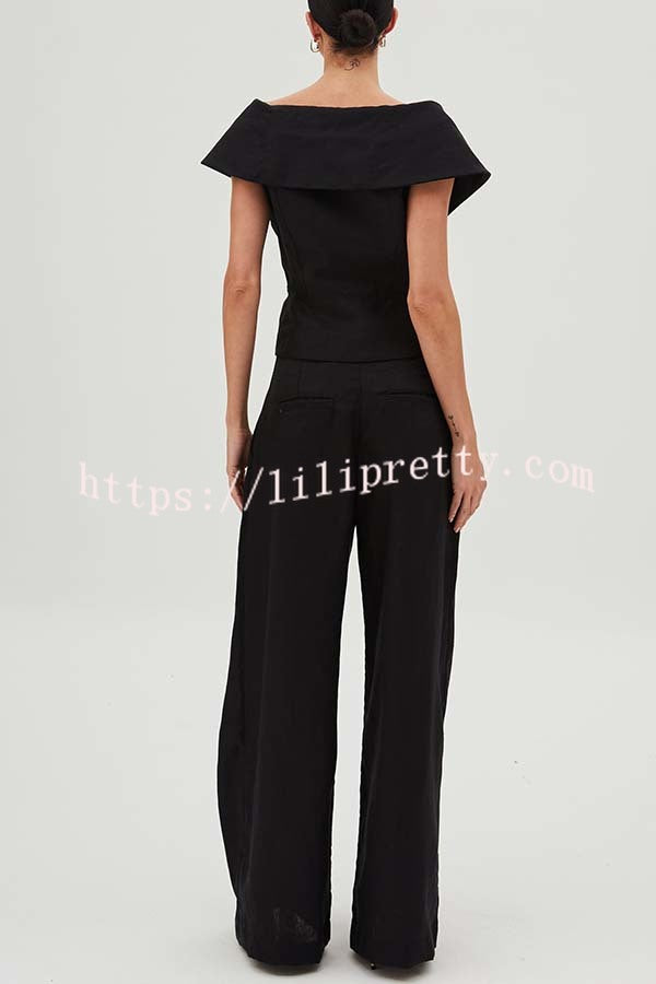 Velena Linen Blend Button Up Lapel Top and High Rise Pocket Wide Leg Pants Set