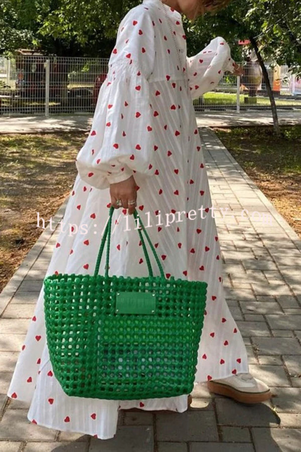 Cute Heart Print Puff Sleeve Loose Shirt Style Maxi Dress