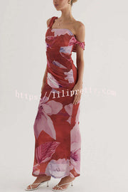 Drama Elegance Mesh Floral One Shoulder Ruched Stretch Maxi Dress