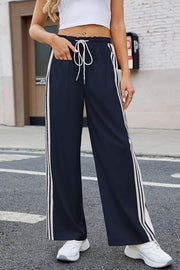 Side Stripe Print Elastic Waist Pocket Casual Straight-leg Pants