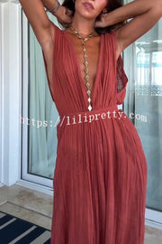 Resort Style V-neck Tie Pleated Casual Jumpsuit