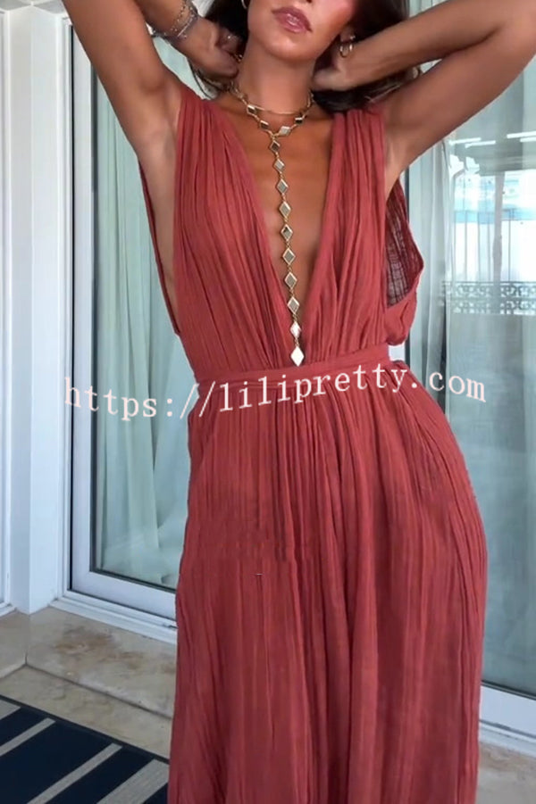 Resort Style V-neck Tie Pleated Casual Jumpsuit