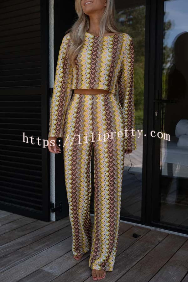 Tamia Knit Colorful Wave Unique Print Crop Top and Stretch Wide Leg Pants Set