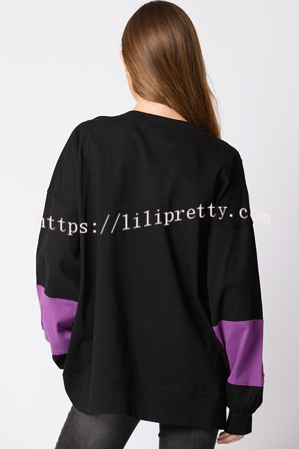 Halloween Letter Sequined Color Block Loose Casual Sweatshirt