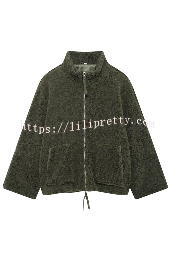 Solid Color Stitching High Collar Long Sleeve Loose Pocket Woolen Coat