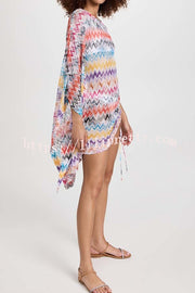 Arloe Knit Colorful Zigzag Pattern Asymmetric Flare Sleeve Ruched Tie-up Mini Dress