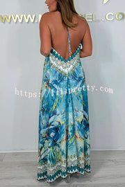Unique Print V-neck Open Back Loose Maxi Dress