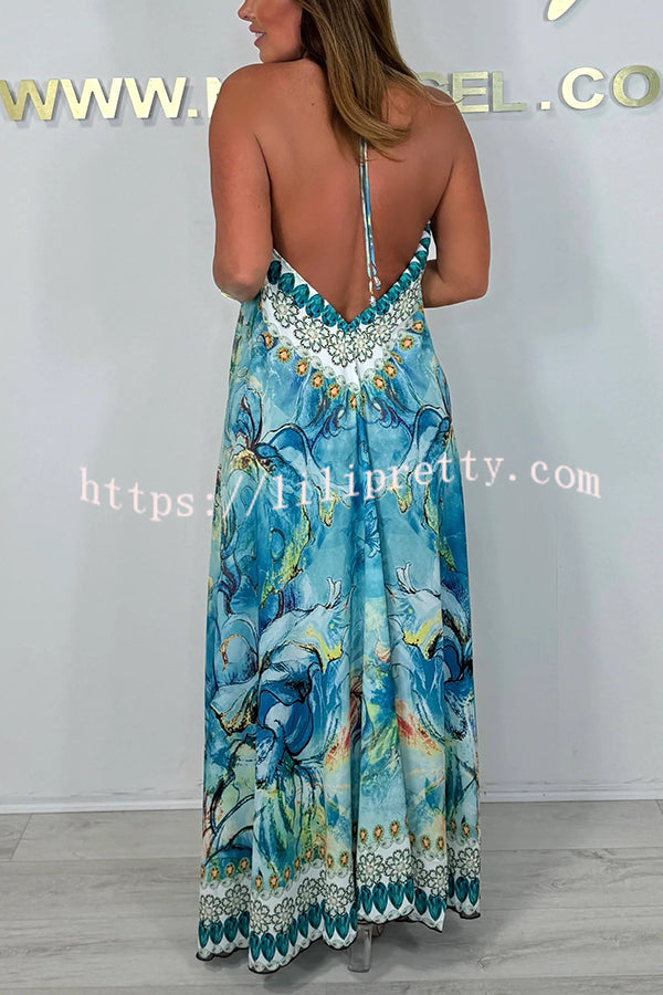 Unique Print V-neck Open Back Loose Maxi Dress