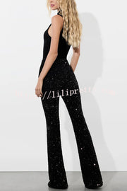 Sparkle Season Sequin High Rise Elastic Waist Stretch Flare Party Pants