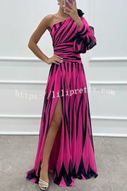 Purely Charming Printed Rose Pendant One Shoulder Pleated Slit Maxi Dress