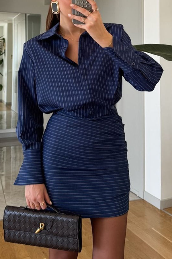 Simple and Sexy Stripe Print Long Sleeve Ruched Hem Shirt Mini Dress