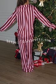 Courtney Satin Colorblock Striped Loose Shirt and Elastic Waist Pocketed Pajama Set