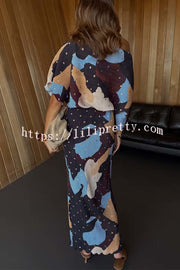 Mara Pleated Fabric Metallic Speckled Color Block Print One Shoulder Maxi Dress
