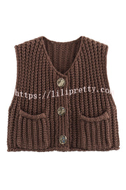 Solid Color Sleeveless Pocket Knitted Vest