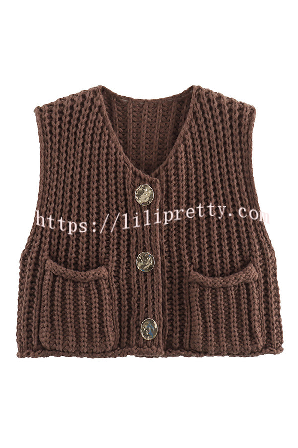 Solid Color Sleeveless Pocket Knitted Vest