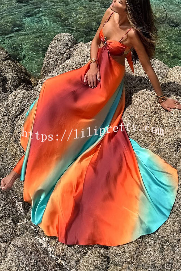 Neon Sunset Printed Metal Decoration Cutout Back Tie-up Vacation Maxi Dress