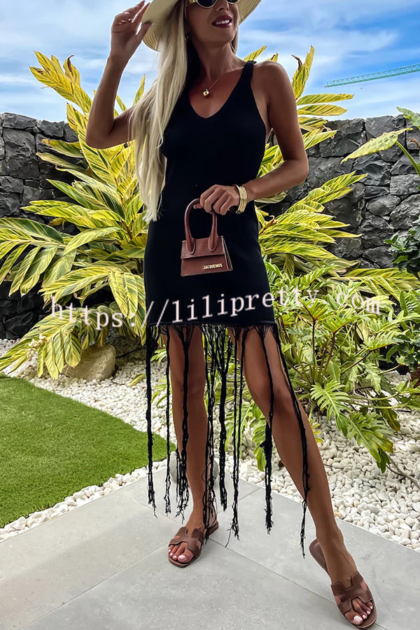 Lilipretty® Summer Mood Knit Fringed Hem Back Cross Beach Vacation Maxi Dress