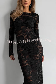 Sexy Openwork Lace Long-sleeved Slim-fit Fishtail Maxi Dress