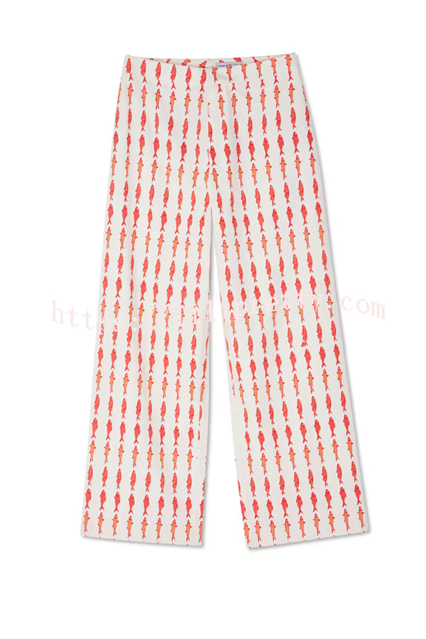 Good Luck Linen Blend Koi Pattern High Rise Elastic Waist Loose Pants