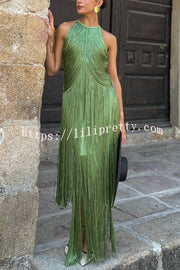 Fashion Sleeveless Halter Neck Elegant Tassel Slim Maxi Dress