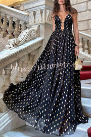 Charming View Chiffon Gold Polka Dot Print Cutout Lightweight Maxi Dress