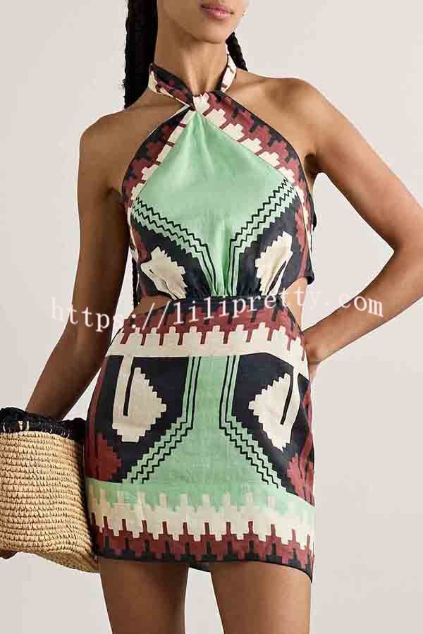 Unique Print Sexy Halter Backless Holiday Mini Dress