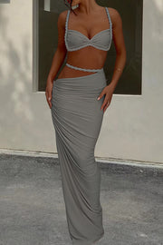 Sexy Halter Back Braided Suspender Top and Beach Holiday Style Hip-wrapped Maxi Skirt Set